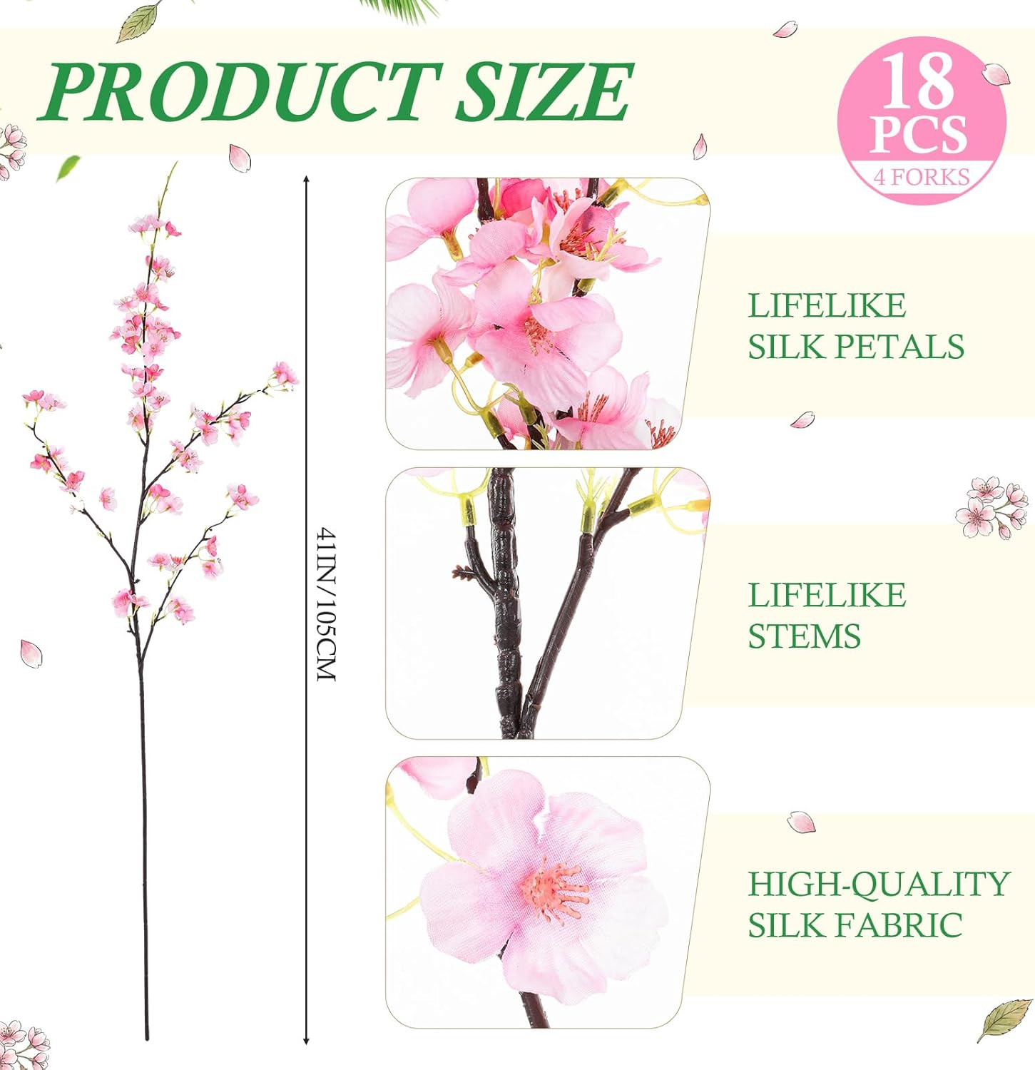 18 Pcs Pink Artificial Cherry Blossom Branches for Home Wedding Decor
