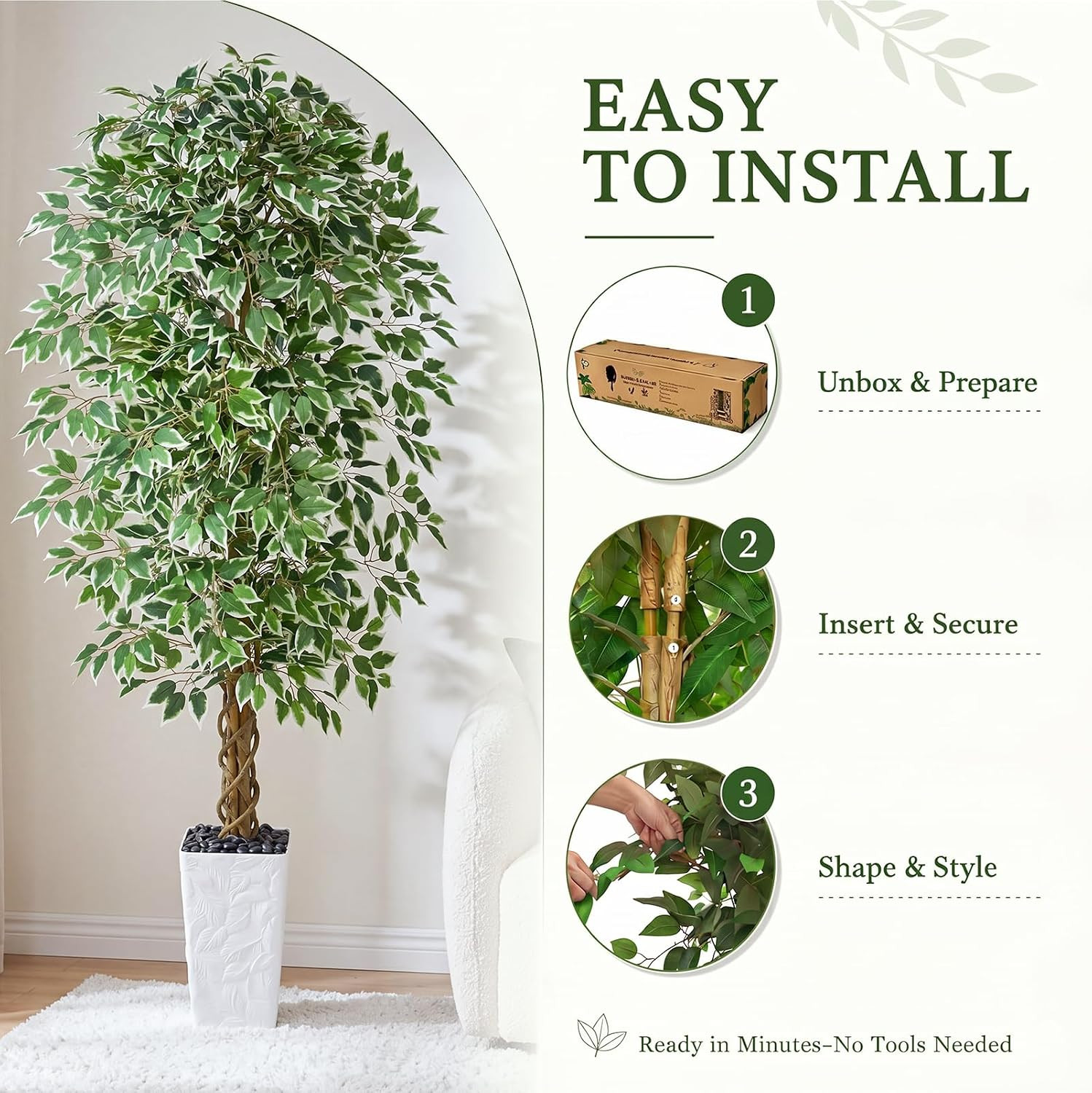 Artificial Ficus Tree, 7FT Faux Plants Indoor White Planter | Lifelike Green Lea