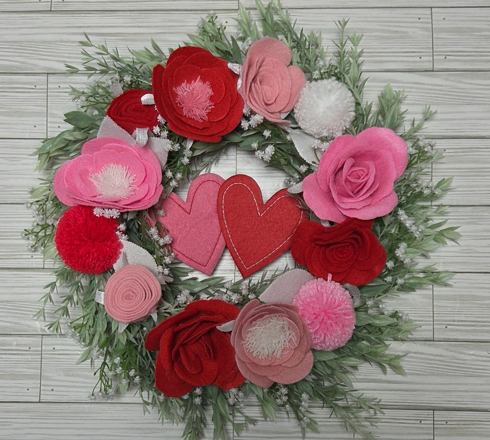 Valentine’s Day Wreath Felt and Faux Silk Florals Hearts Roses BB Greenery Multi