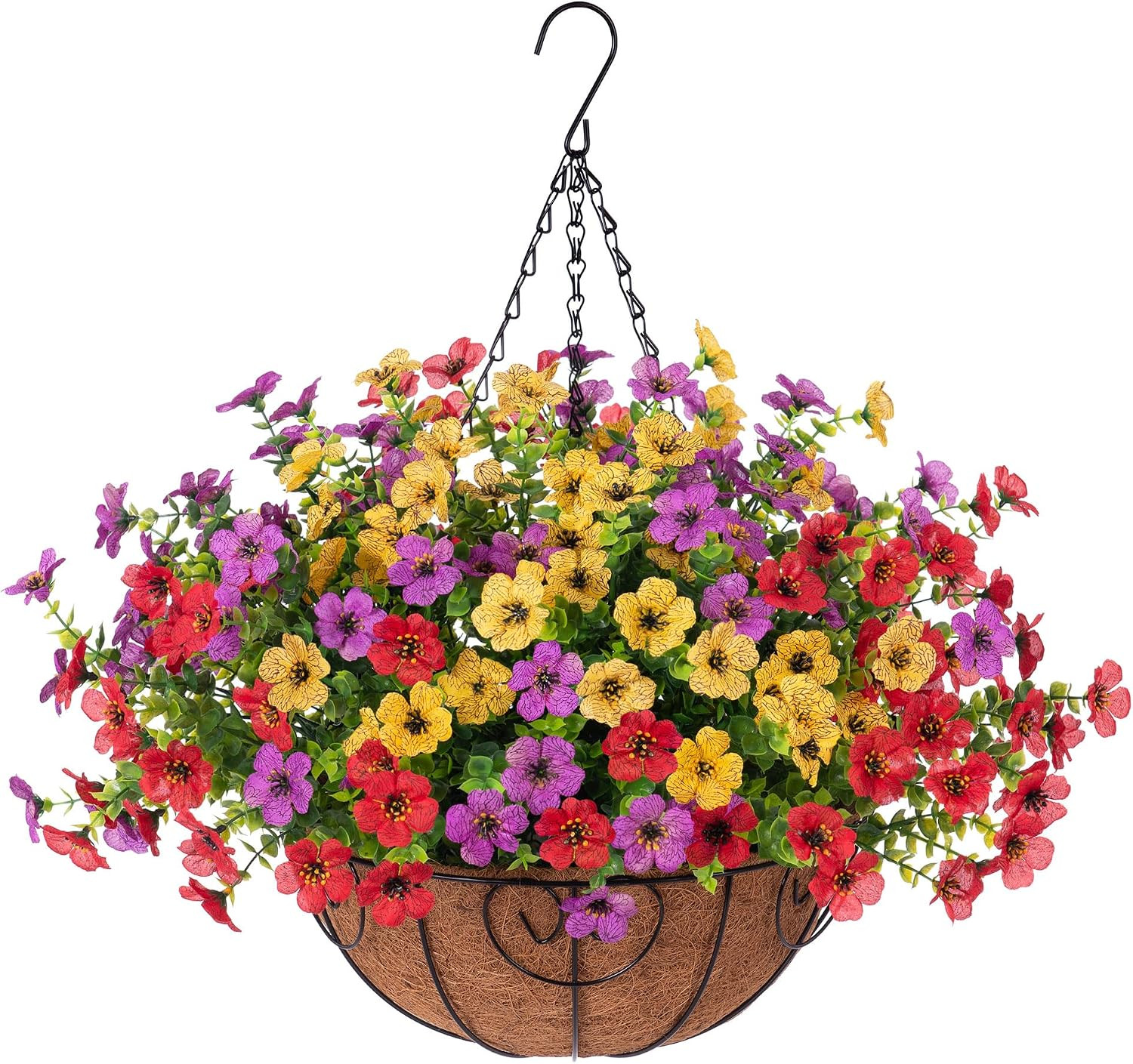 Artificial Faux Hanging Plants Flowers Basket for Spring Outdoor Decoration, Fak