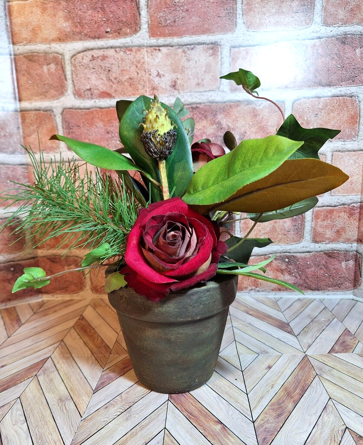 Faux Mixed Floral Arrangement W/Red Roses Rustic felt bottom Pot, Stunning!