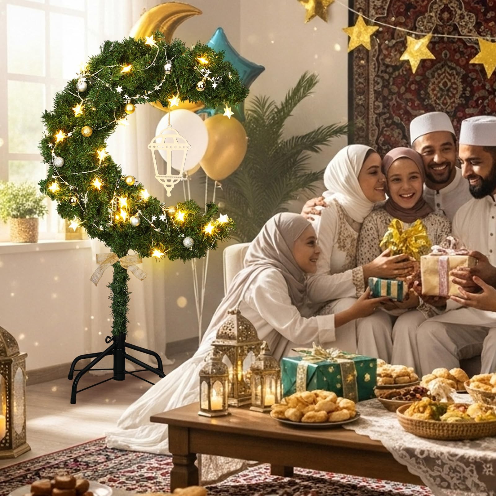 6ft Ramadan Moon Tree: Lighted Crescent Artificial Tree with Star String LED …