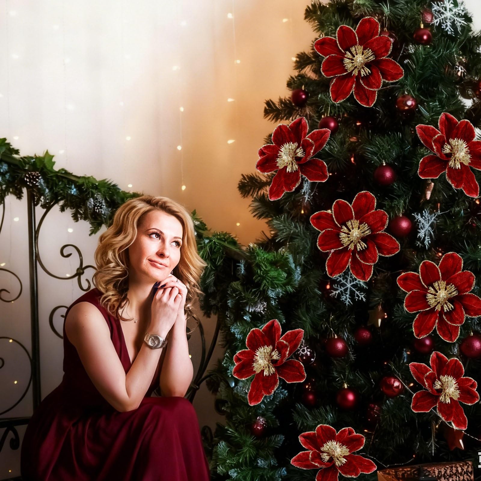 18 PCS 5.9 Inch Christmas Magnolia Flower Artificial Glitter Velvet Wine Red