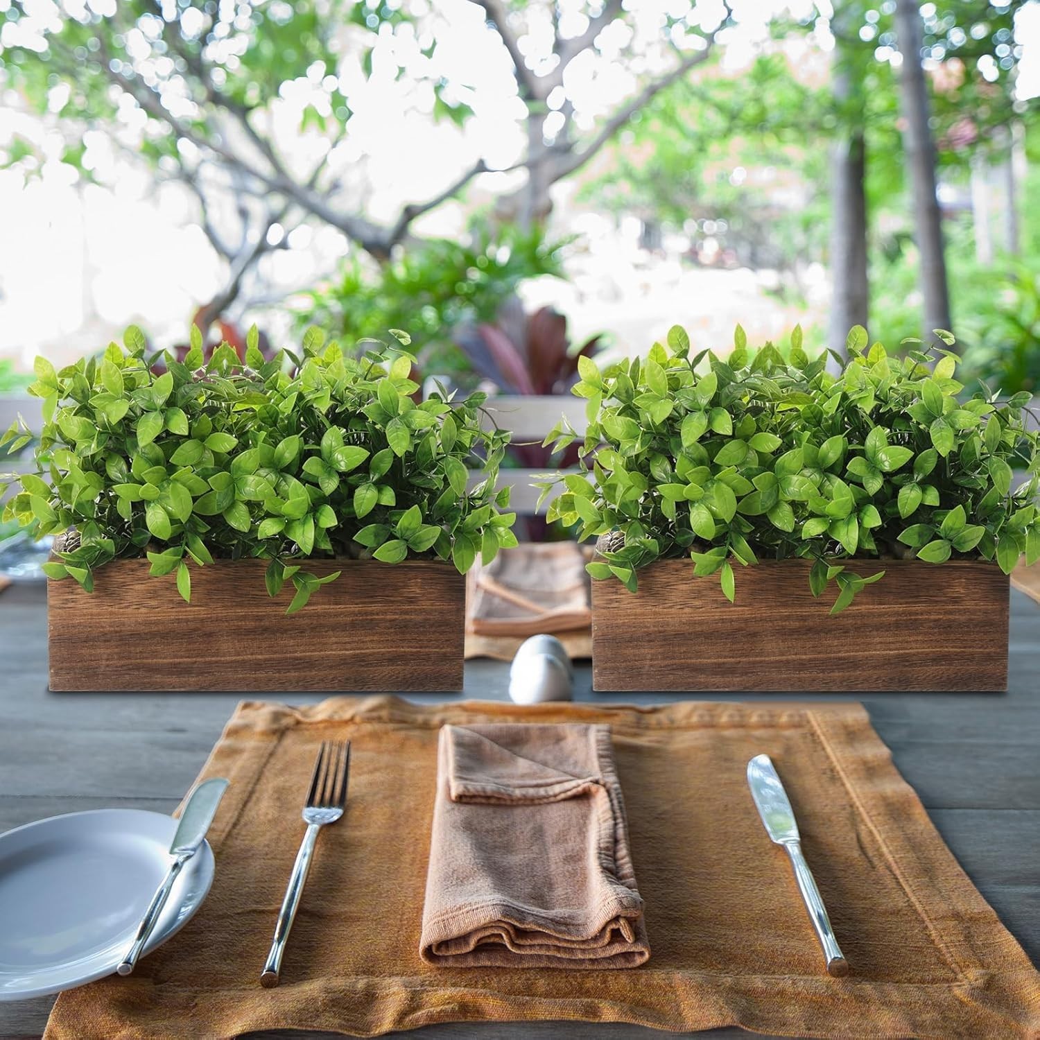 NEW 4 Pack Artificial Eucalyptus Plants Wooden Planter Box Brown 11.4 TableTop