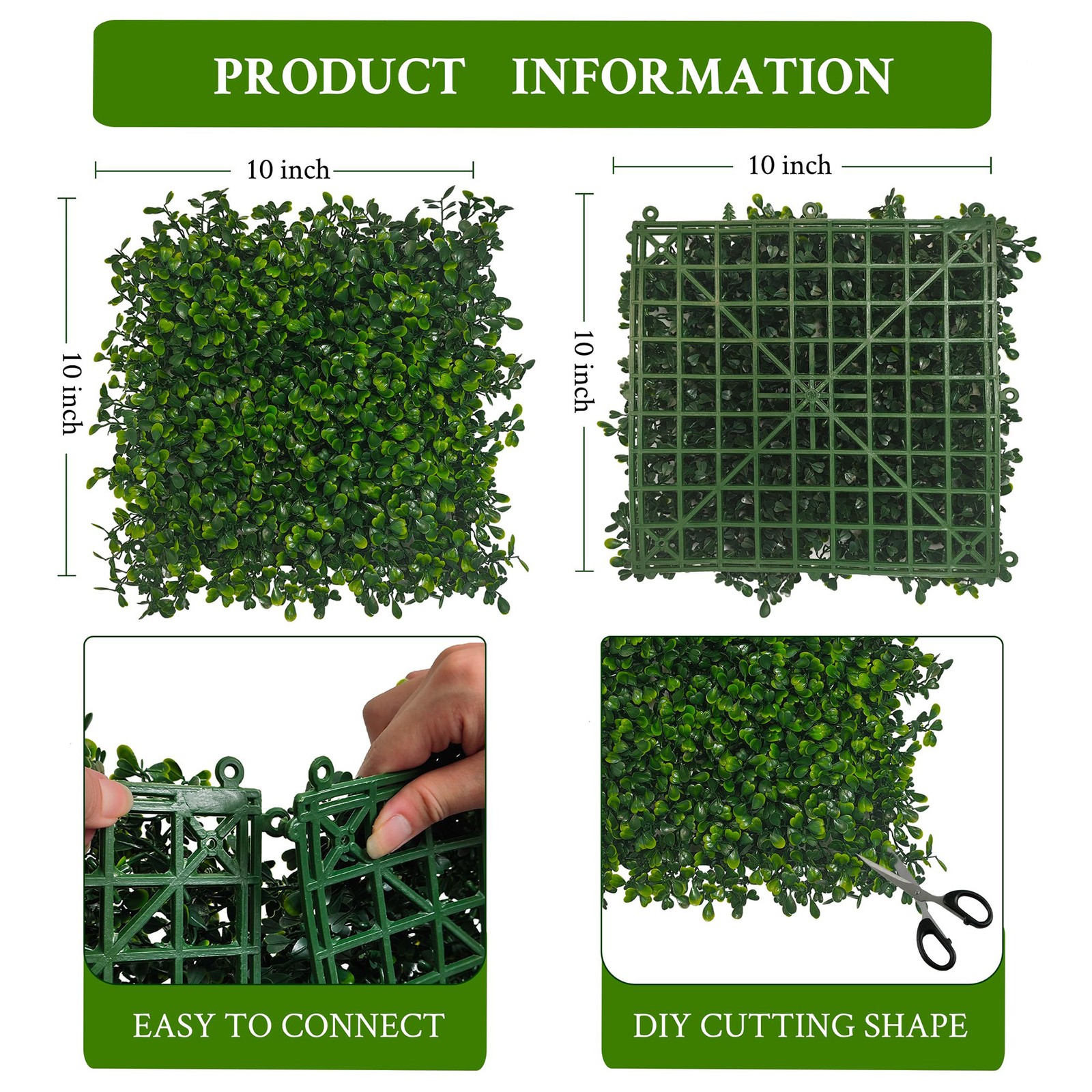 Artificial Grass Wall Panel 10″x10″ 12P, UV Protected Boxwood for Garden Decor