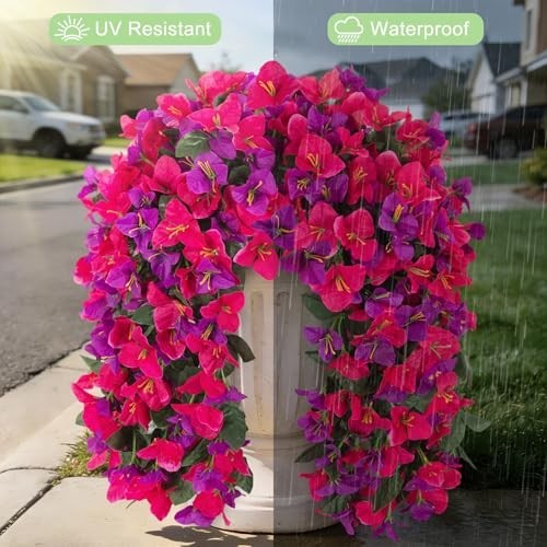 2 PCS UV Resistant Faux Bougainvillea Hanging Flowers – Silk Plants for Outdoor