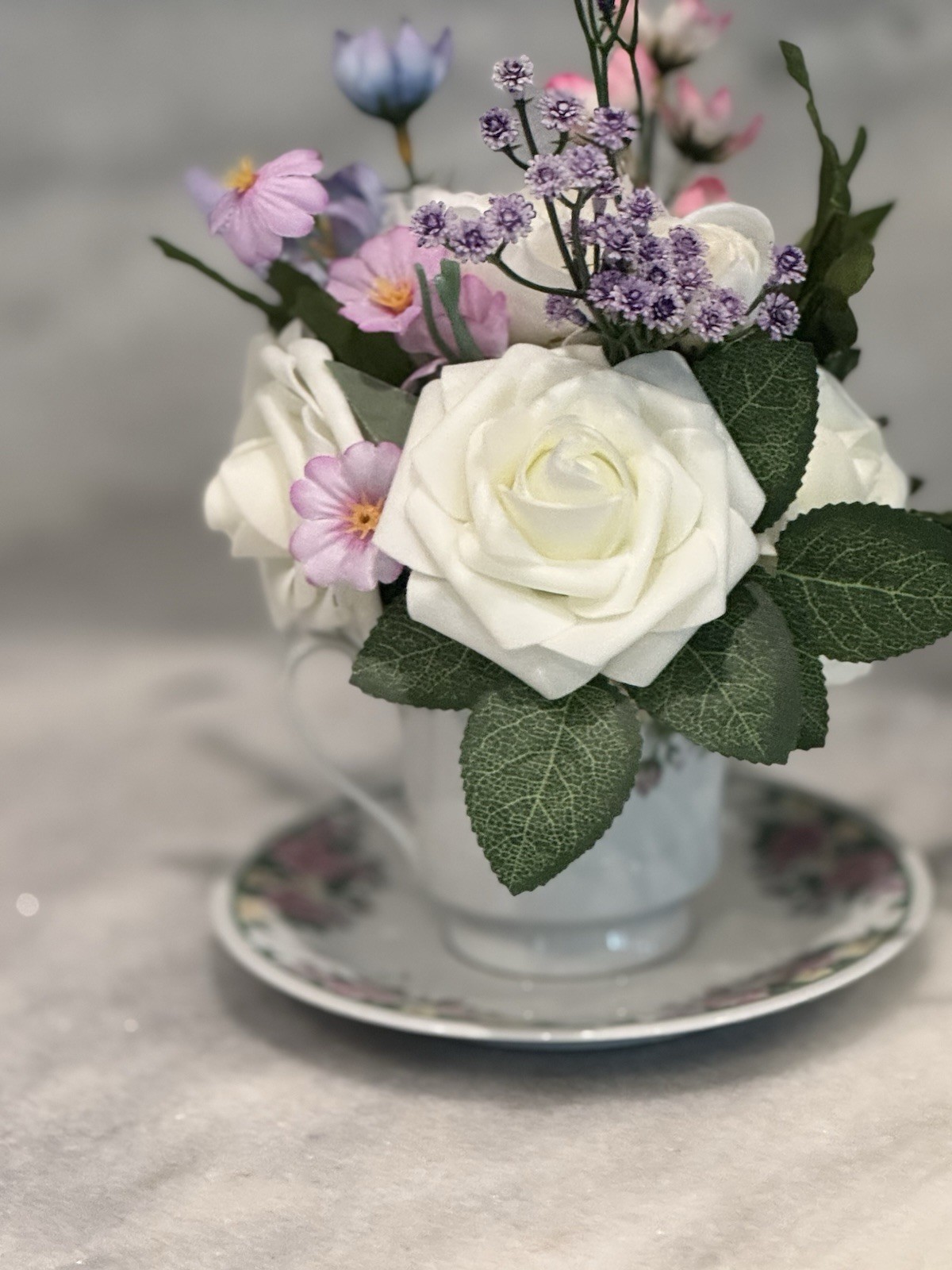 Victorian Floral Arrangement In A Teacup For Centerpiece