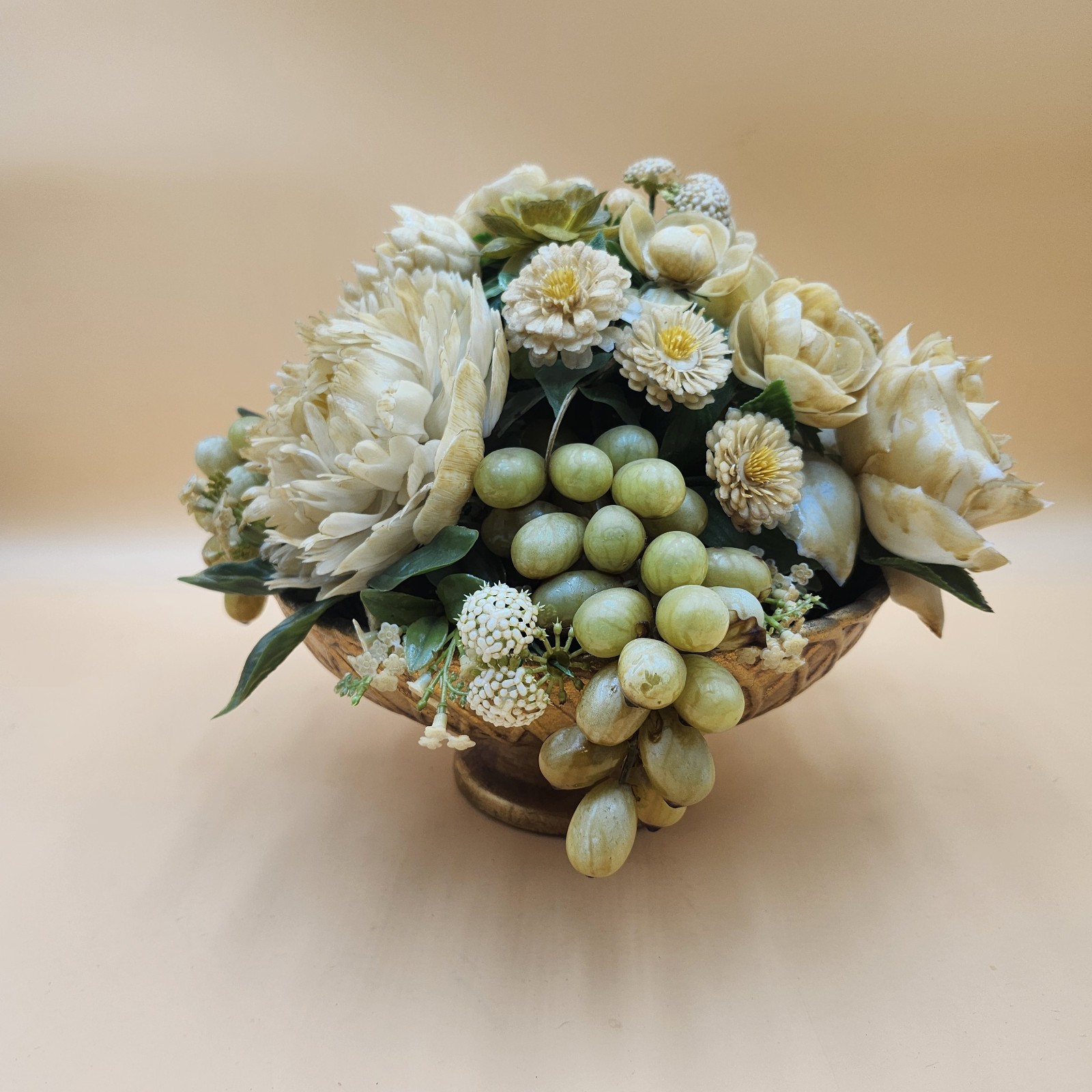 Vintage gold bowl artificial flower fruit arrangement white green Mid Century