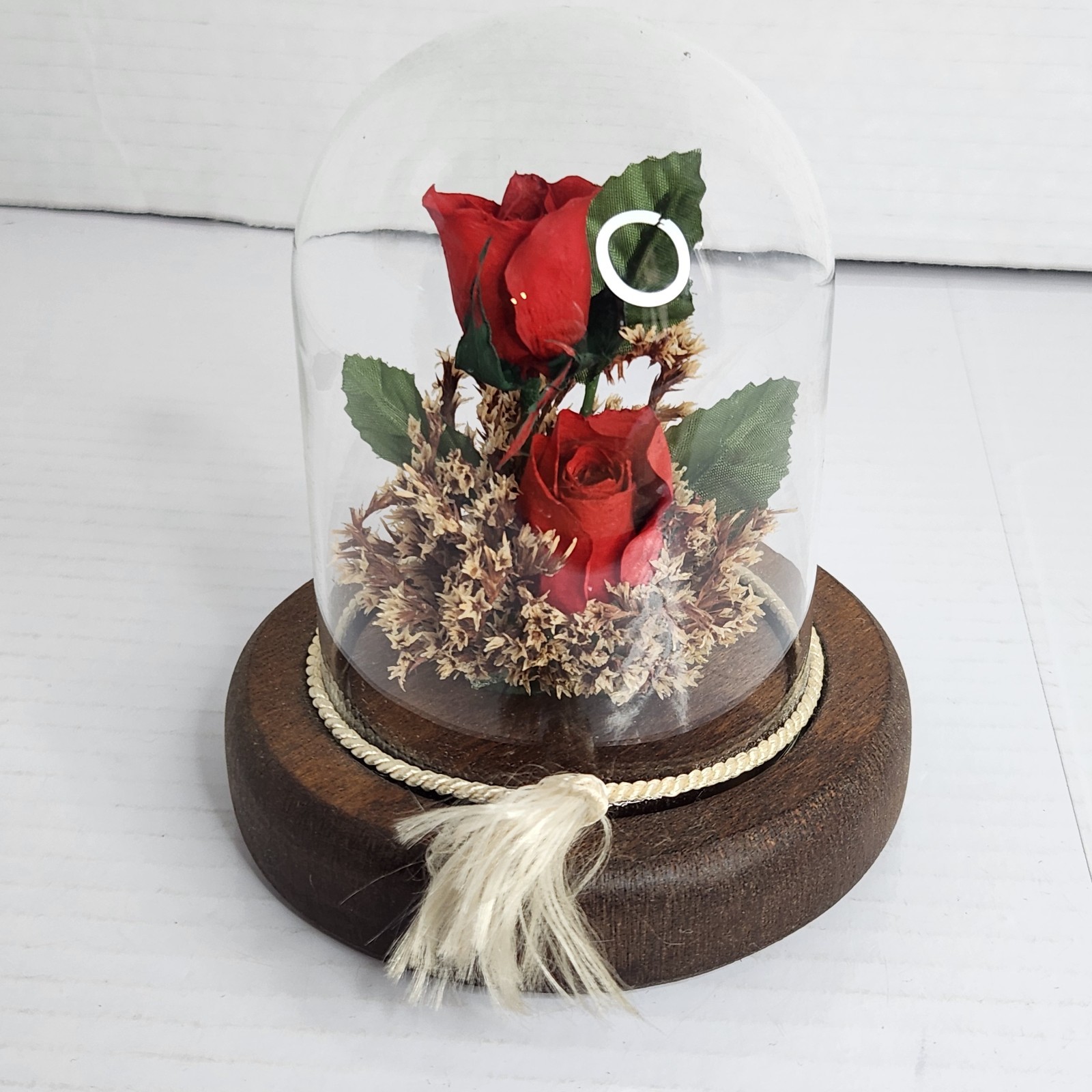 Vintage Real Preserved Red Roses Glass Dome Cloche Wood Base Floral Display