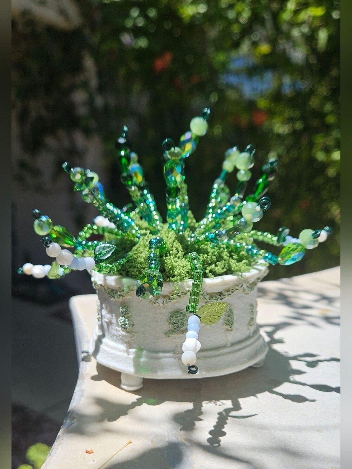 Handcrafted Green Beaded Succulent in White Decorative Pot