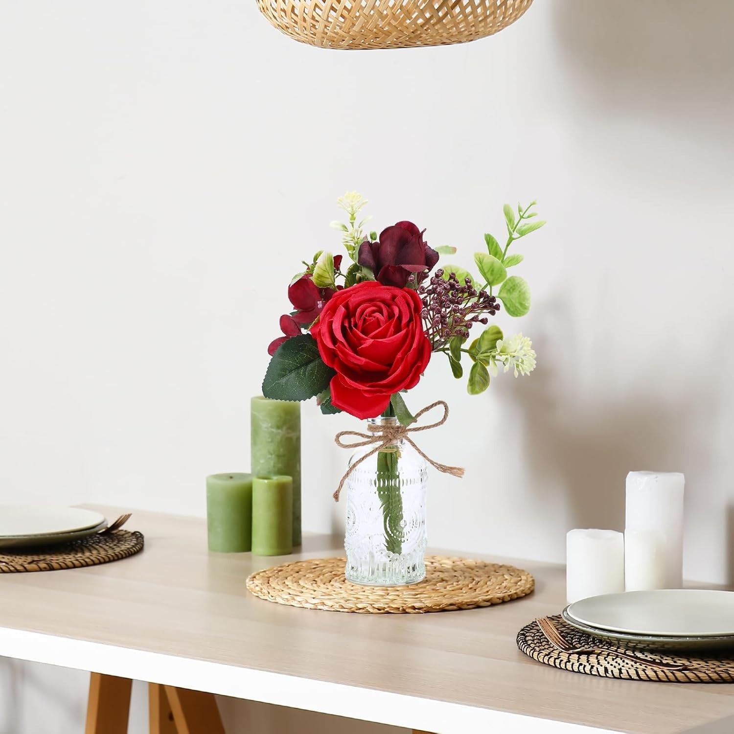 Artificial Flowers with Vase – Small Red Fake Plants Faux Silk Flower Arrange…
