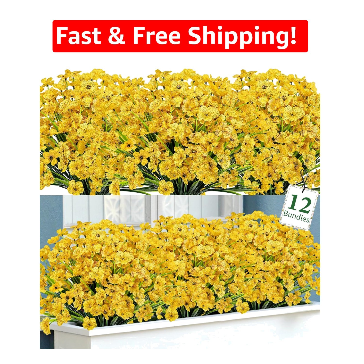 12 Bundles Yellow Artificial Flowers – UV Resistant Faux Silk for Home Decor