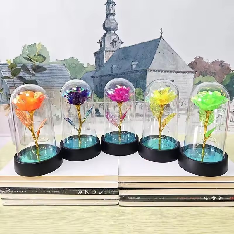 LED Multicolor Artificial Rose Flower Glass Dome Arrangement, 15cm