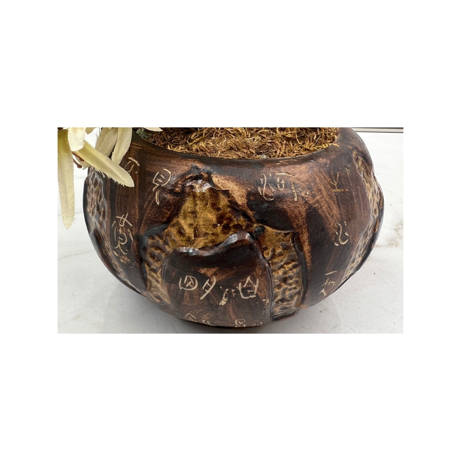 Vintage Chinese Calligraphy Ceramic Planter with Faux Floral Arrangement Brown