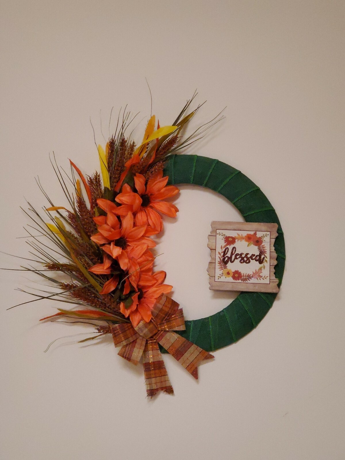 BLESSED wreath Asters Wheat orange Green burlap mesh FALL AUTUMN Decor Door 15″
