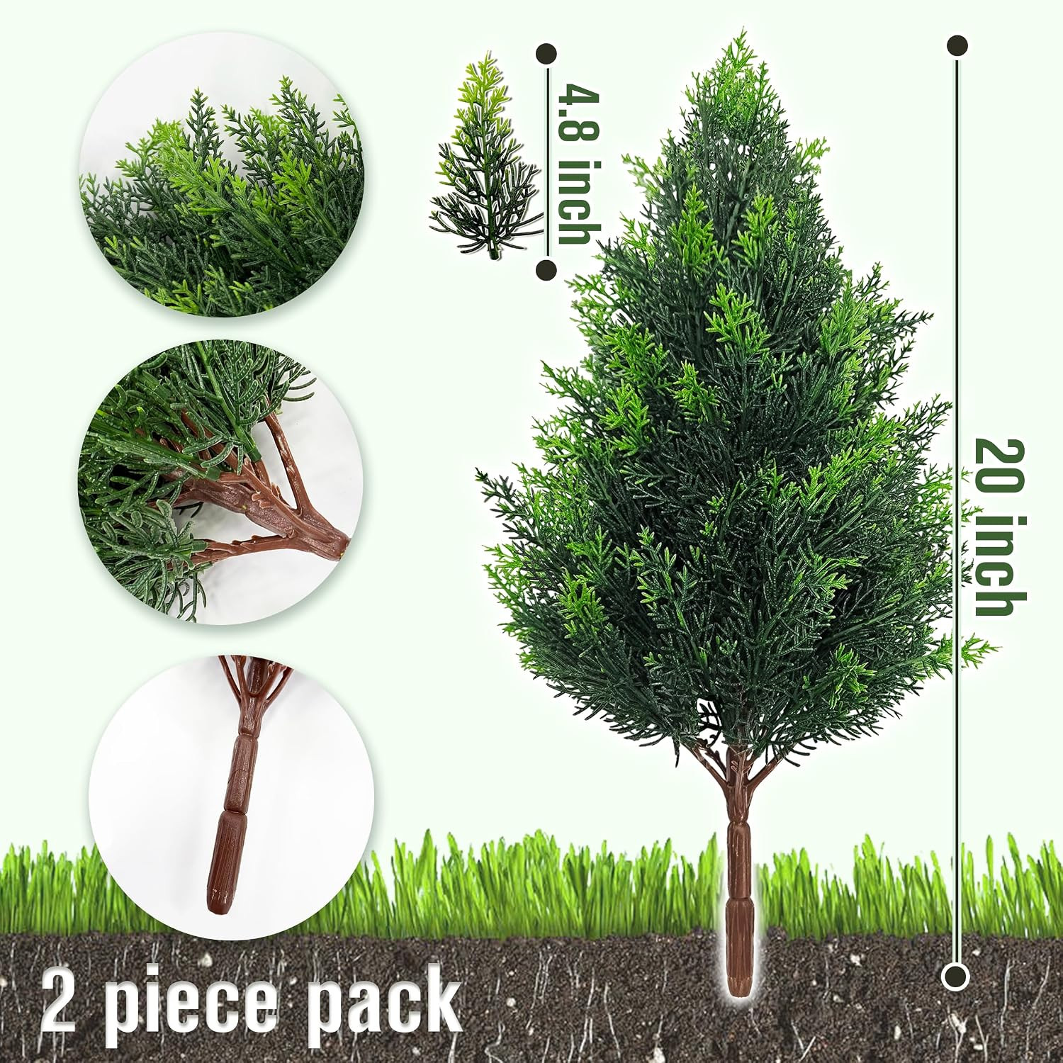20 Inch (2 Pack), Artificial Cedar Topiary Plants, UV Resistant | Faux Pine Stem