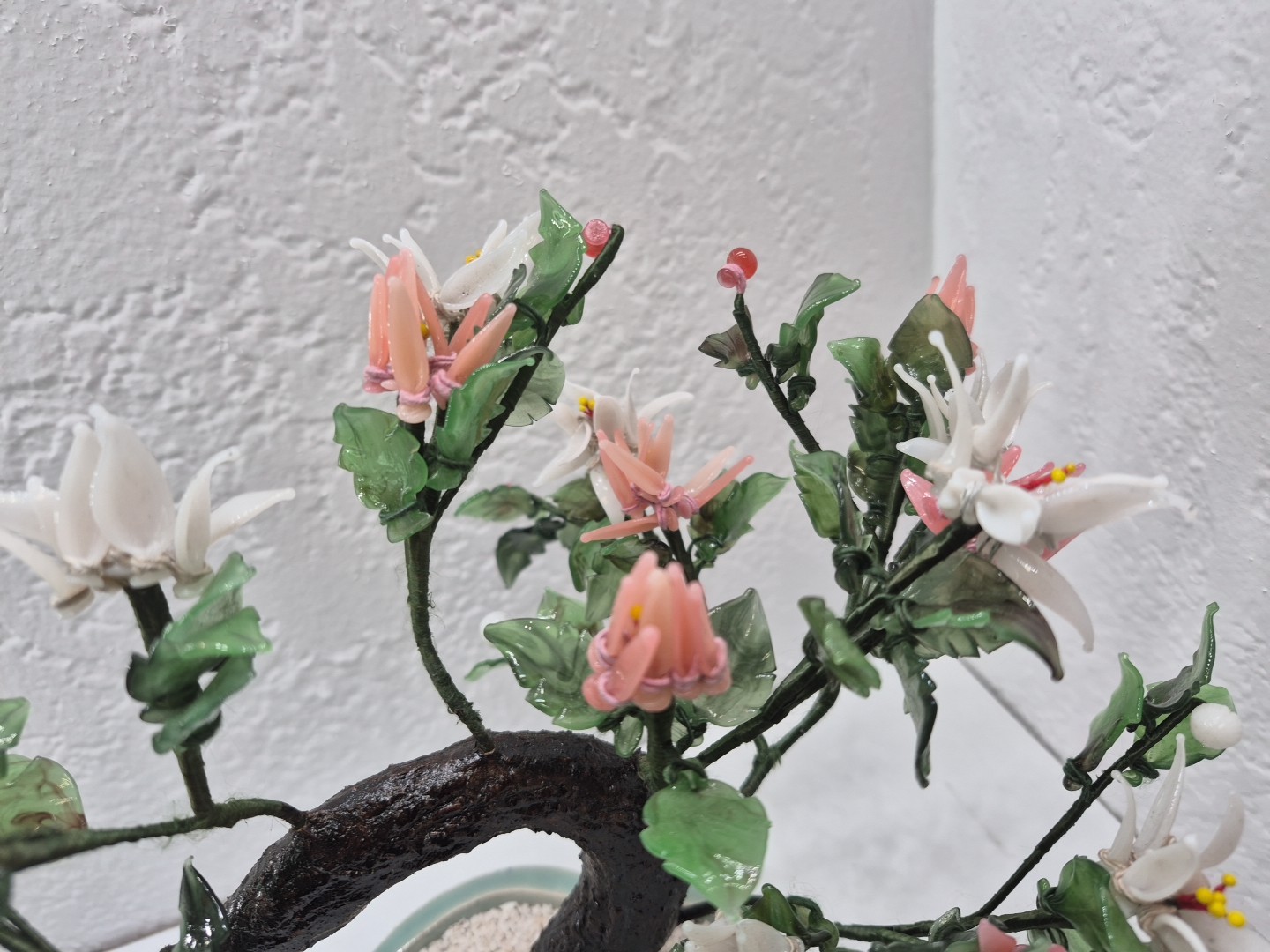 Vintage Chinese Glass Stone Jade Cherry Blossom Bonsai Tree Pink & White Flowers