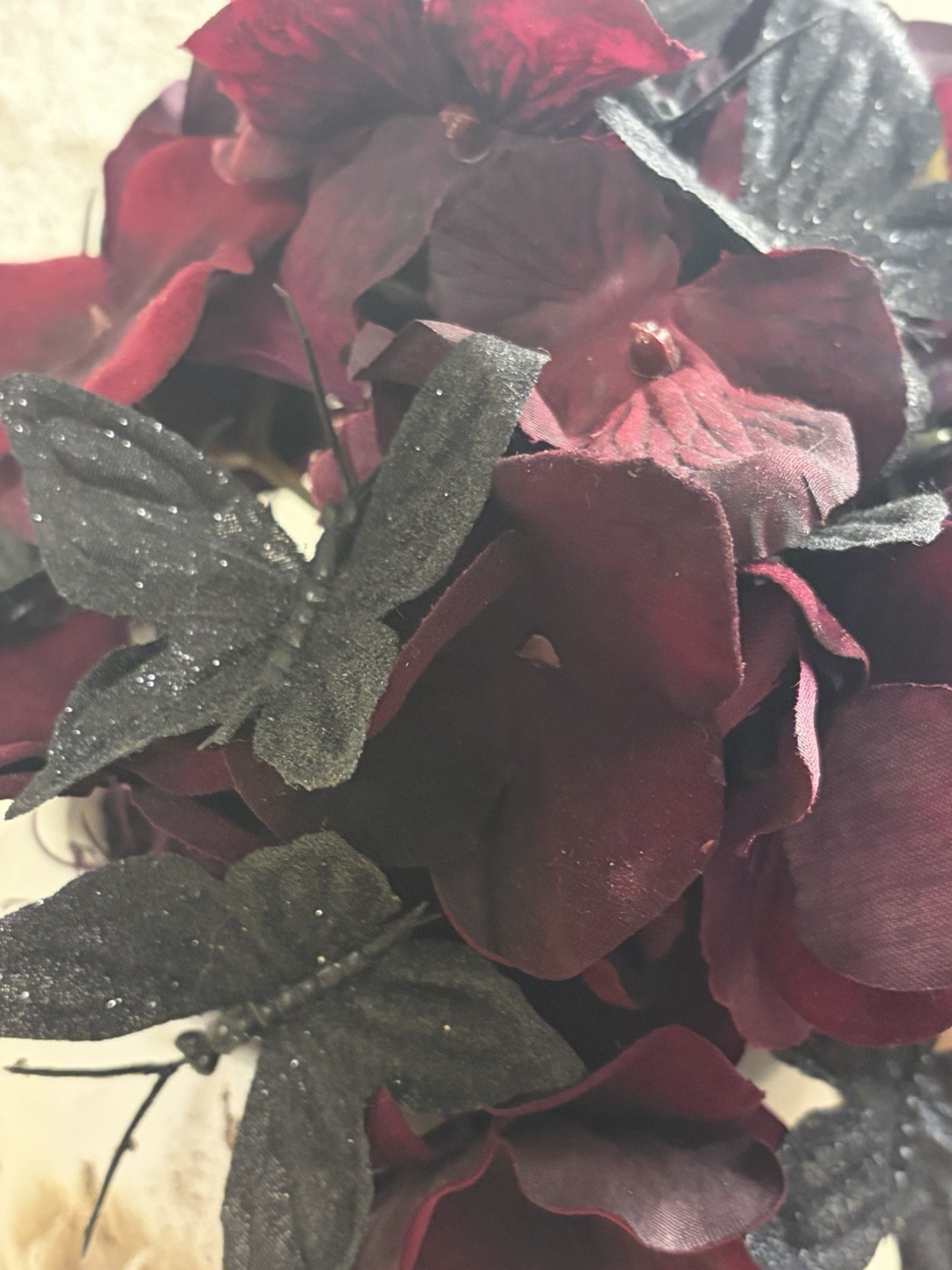 Haunted Floral Spooky Skull Vase Burgundy Hydrangeas Black Butterfly Halloween