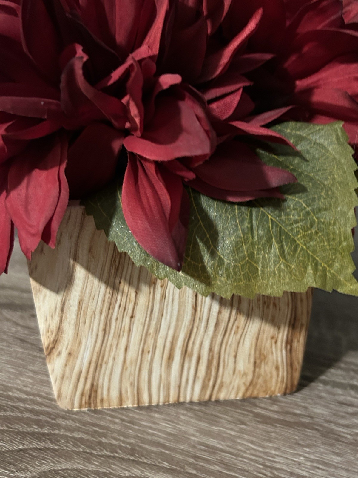 Heavy Faux Stone Planter Deep Red Silk Dahlias Floral Arrangement Centerpiece