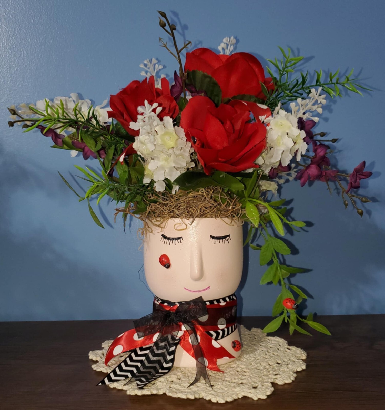 Handmade Floral Arrangement Whimsical Planter Ladybugs Red Roses Purple White