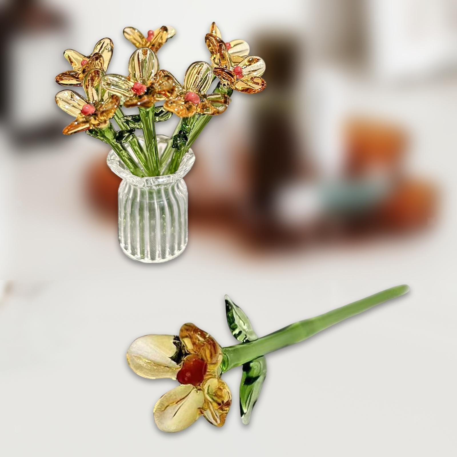 Miniature Hand-Blown Glass Flower Bouquet in Tiny Clear Vase