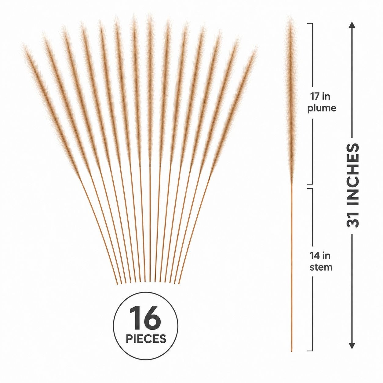 Taupe Tan Faux Feather Grass Stems, Set of 16, 31 Inch Wispy Artificial Pampas