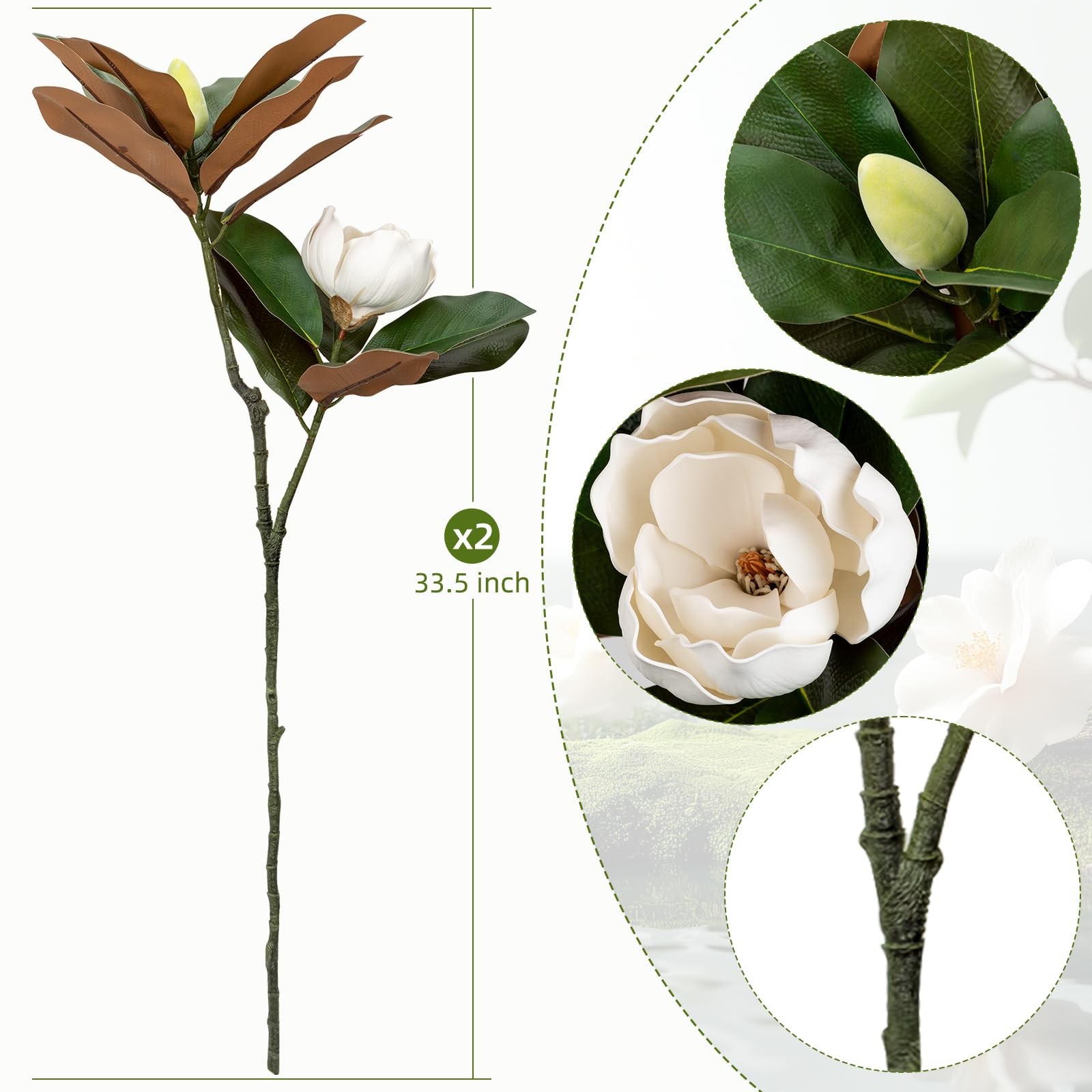 2PCS 33.5inch Artificial Magnolia Flowers with Green Magnolia Leaves and Frui…