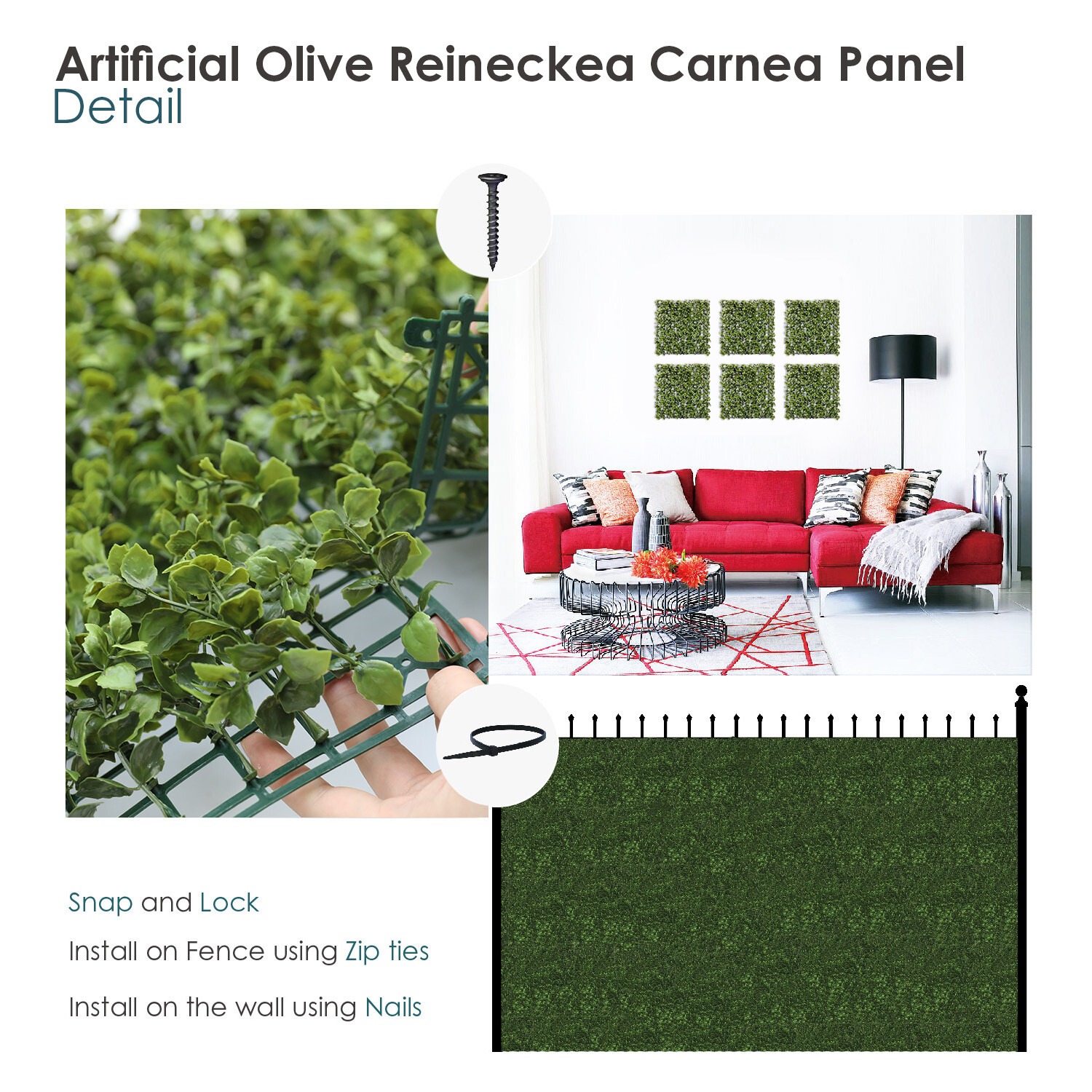 20in Artificial Faux Olive Reineckea Mat Wall Hedge Decor Fence Panel Grass