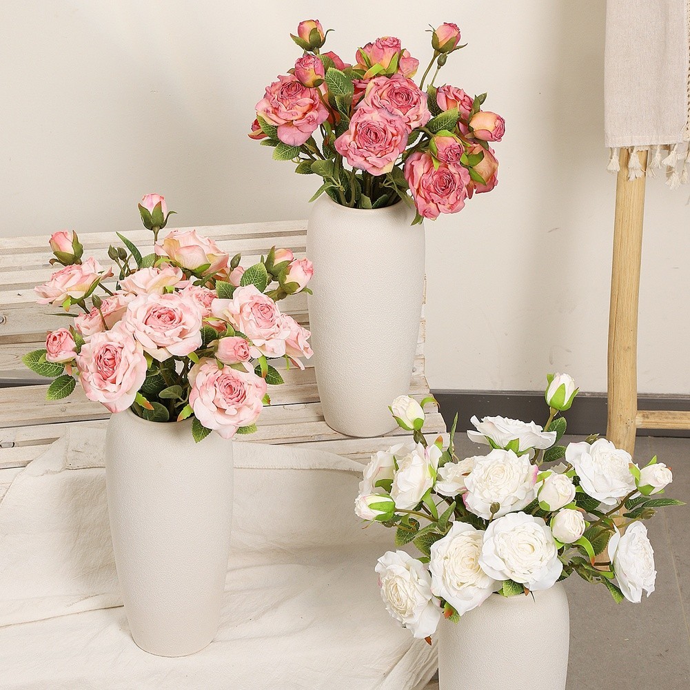 Burnt Edge Artificial Roses 5 Pack 20.5 in Silk Floral Stems Pink White Red