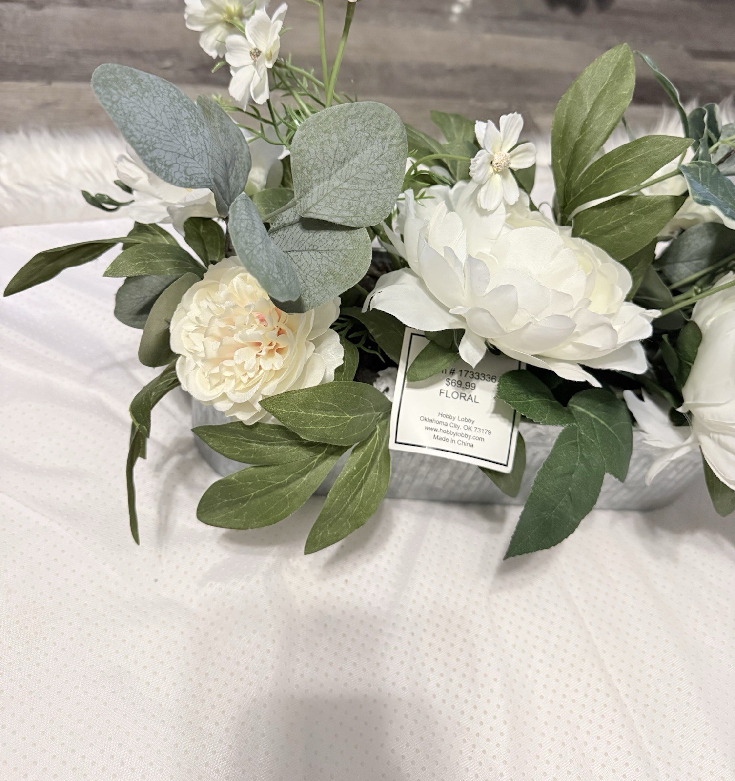 Hobby Lobby Artificial Peony Arrangement White Green Silk in Metal Container