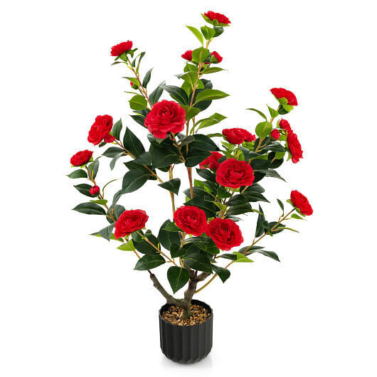 38 Inch Artificial Camellia Tree Faux Flower Plant in Cement Pot 2 Pack-Red – Co