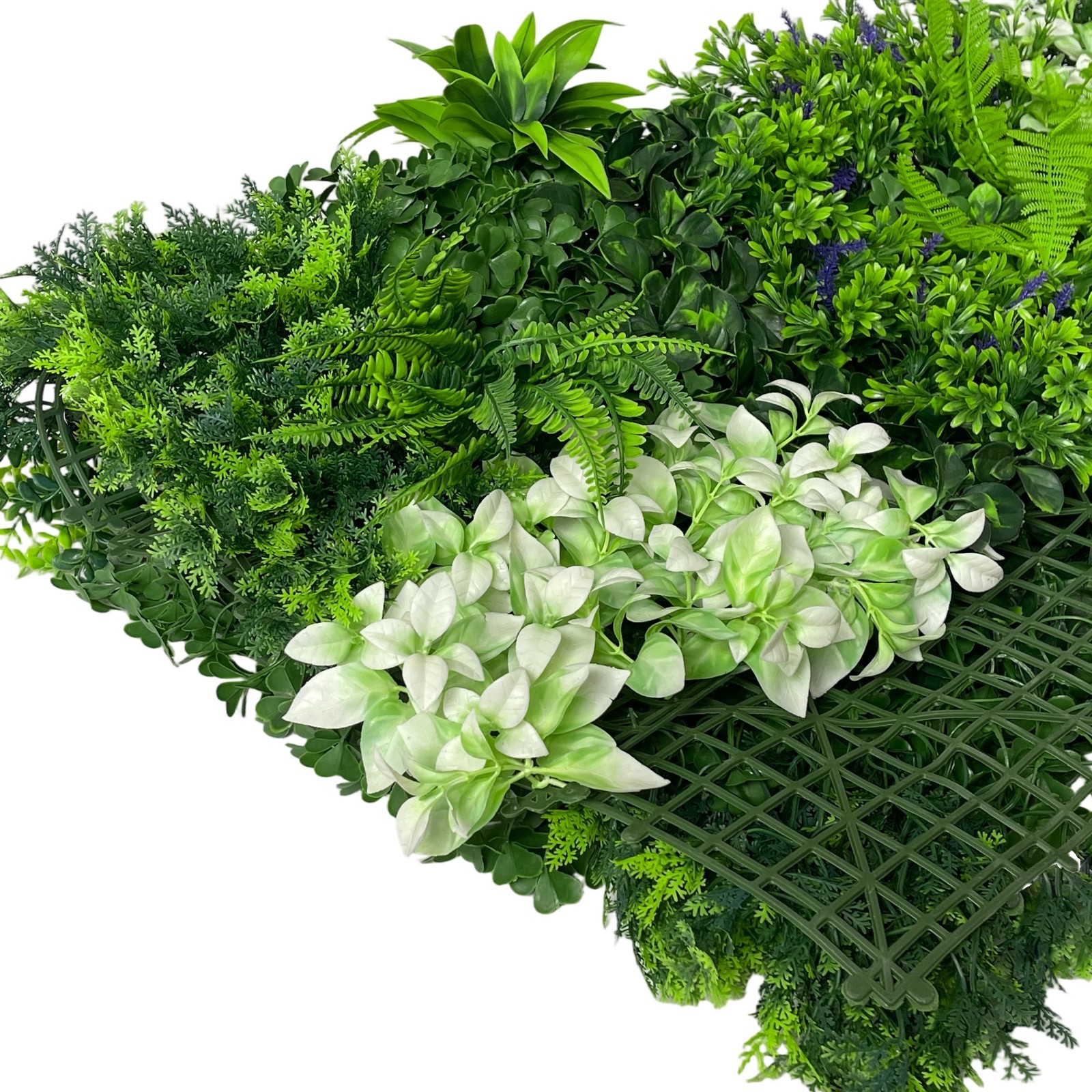 1x1mt Vertical, Green Wall, With Blue and White Flowers, Artificial Plants