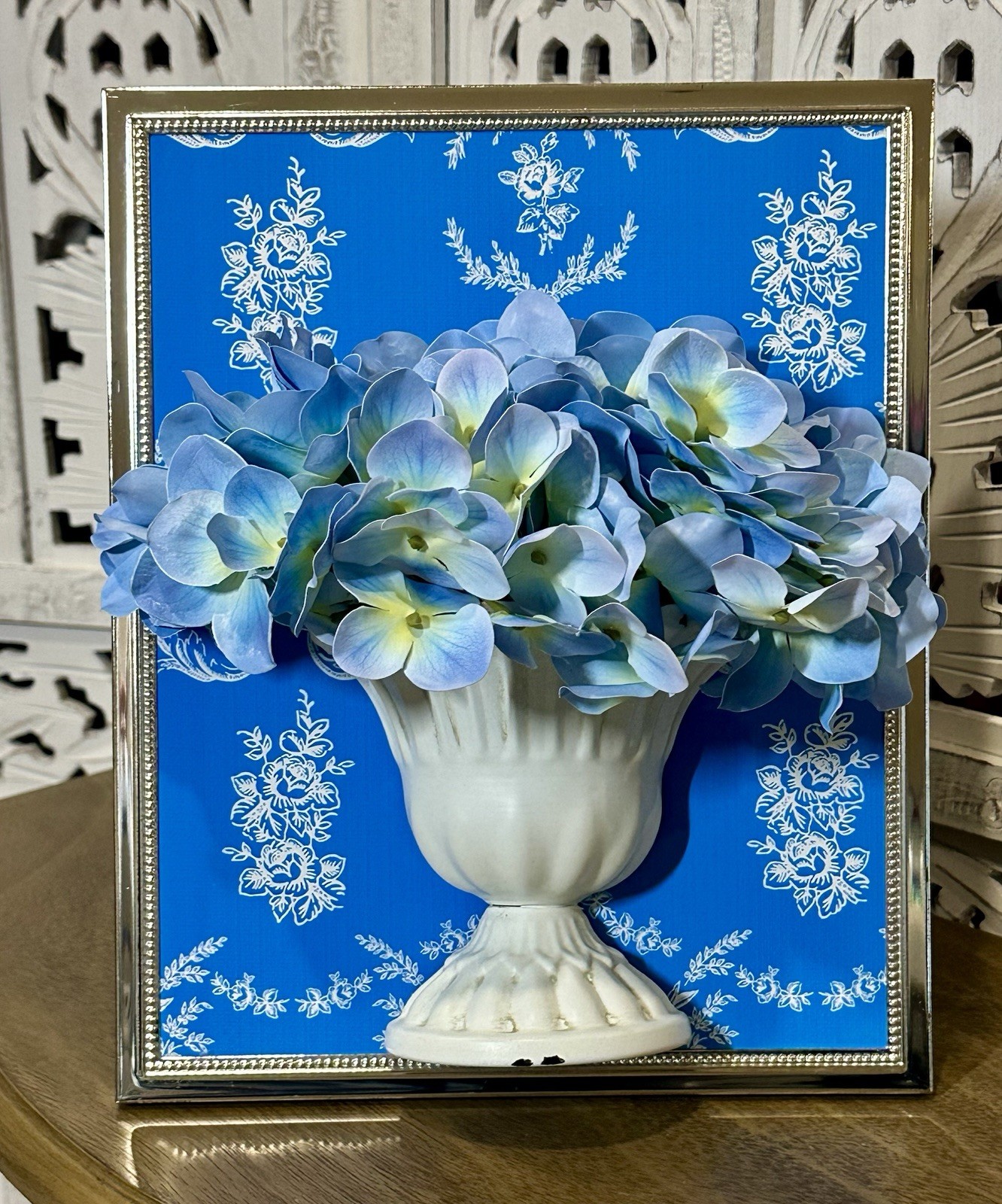 3D Artistry Handmade Blue Hydrangeas in Distressed Metal Urn Framed Florals