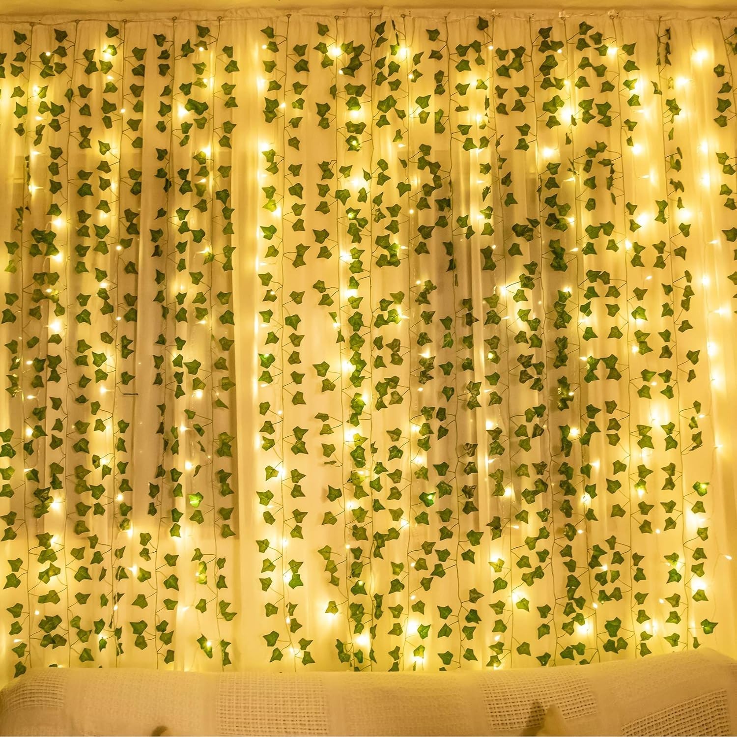 12PCS Plantas Hiedra Artificiales Con Luces LED Para Decoración Hogar Oficina