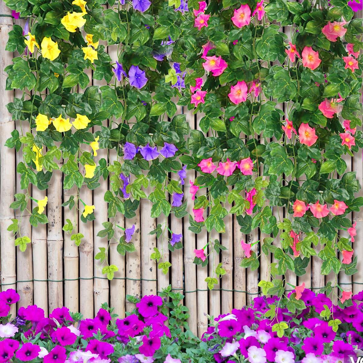 1-4Pcs Artificial Morning Glory Vines UV Resistant Hanging Flowers Outdoor Decor
