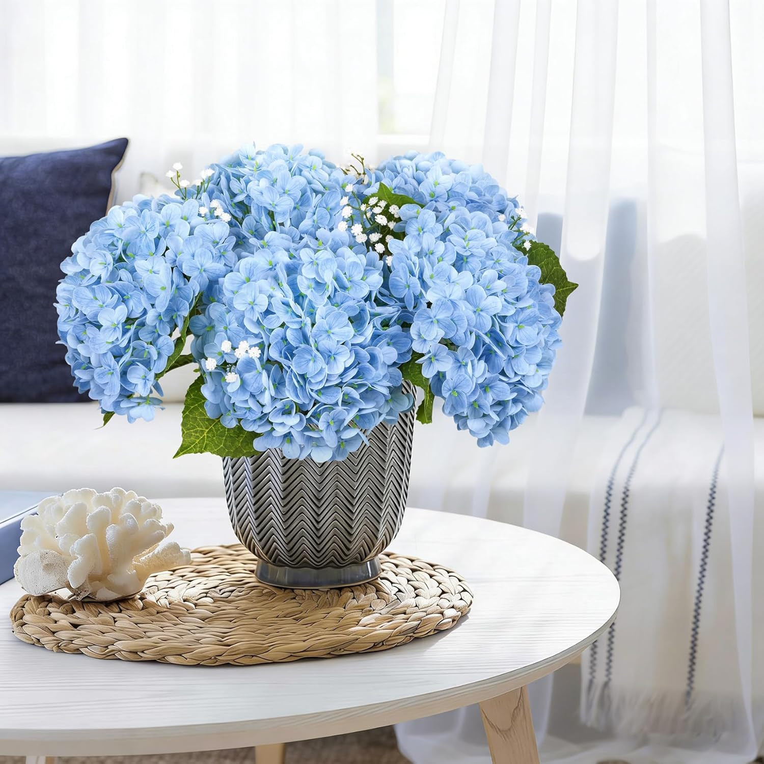 4 Pcs 21″ Hydrangea Artificial Flowers, Realistic Blue Latex Real Touch Faux Hyd