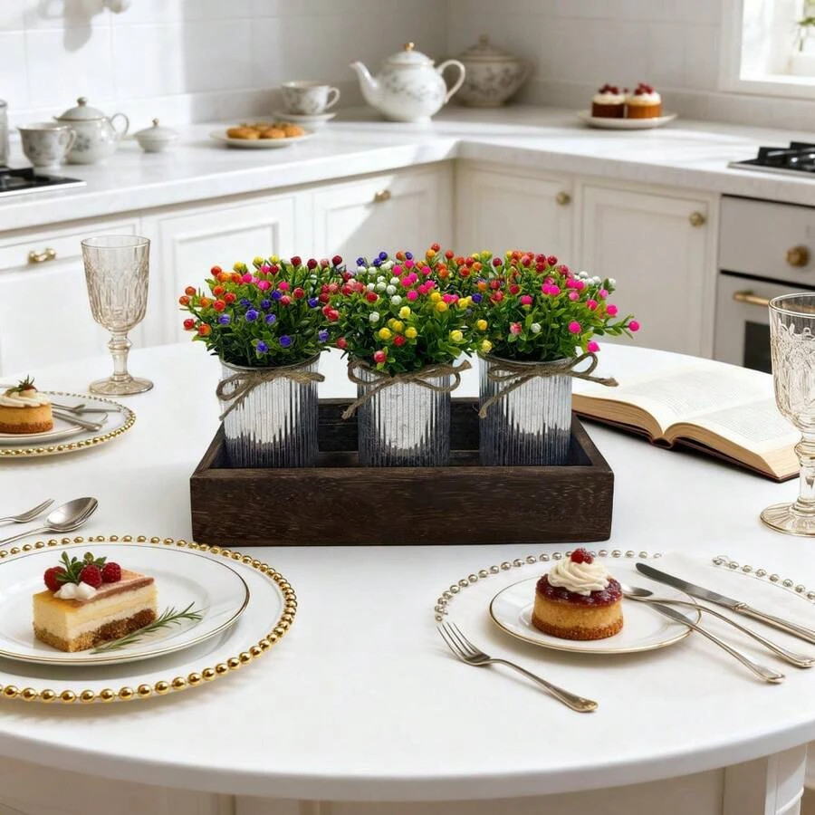 Set Of 3 Artificial Milan Bouquets Wood Tray Table Centerpiece Flower