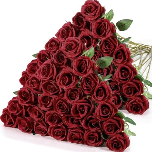 40 Pcs Rose Artificial Flowers Bulk with Long Stem,Realistic Silk Wine Red