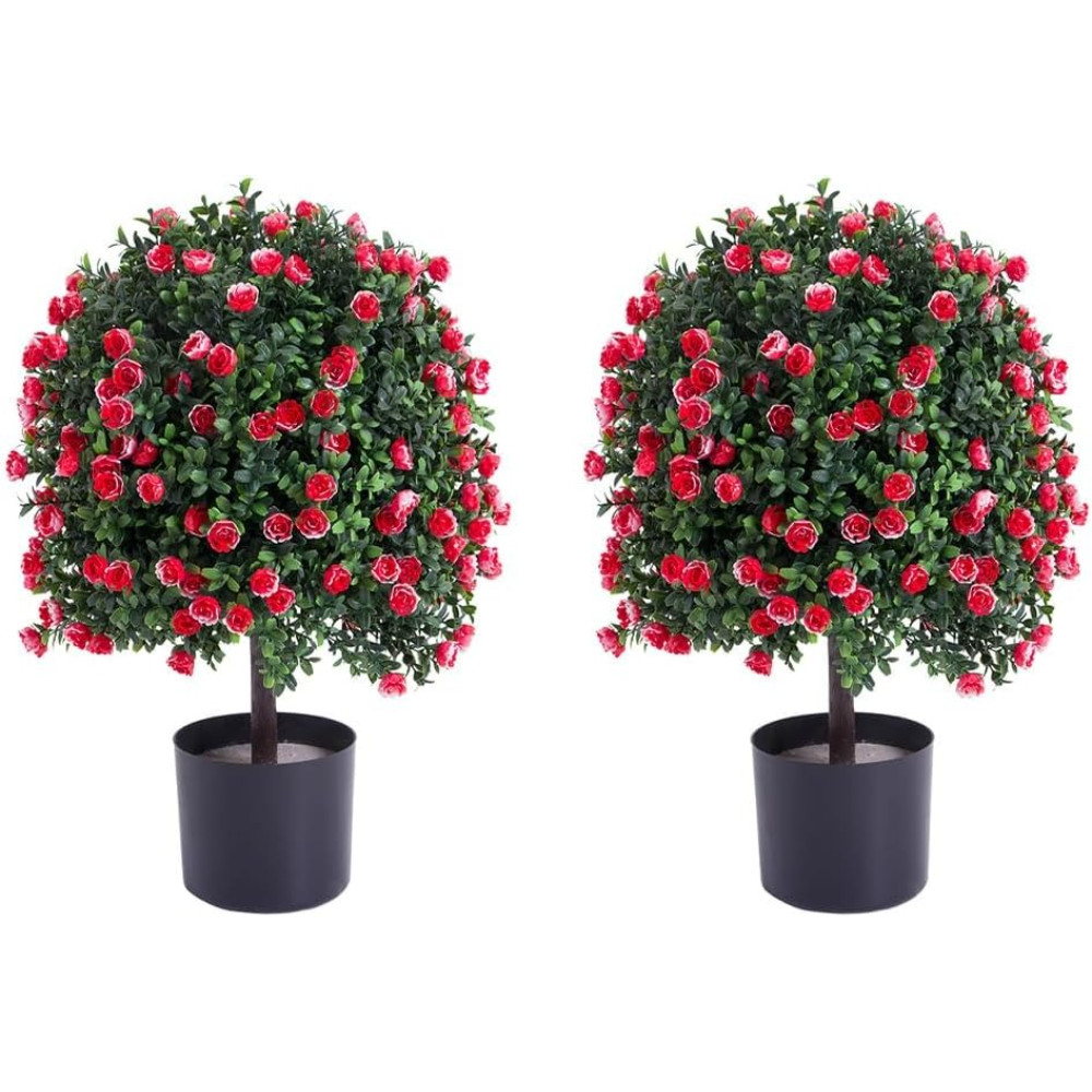 2 Pack 21.65″ Faux Rose Topiary Ball in Pot UV Resistant PE for Indoor Outdoor