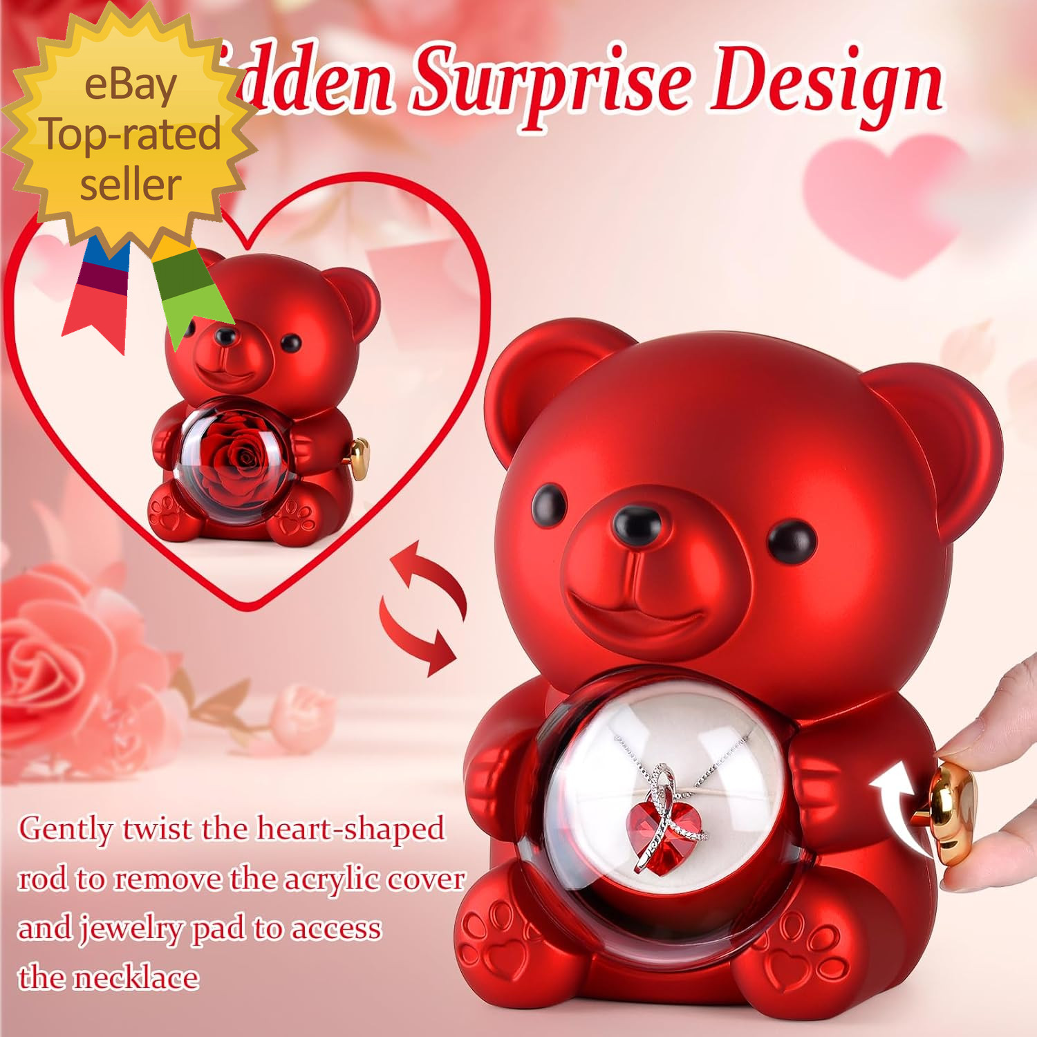 Cute Teddy Bear Preserved Rose Eternal Flowers Rotating Rose Box with Necklace