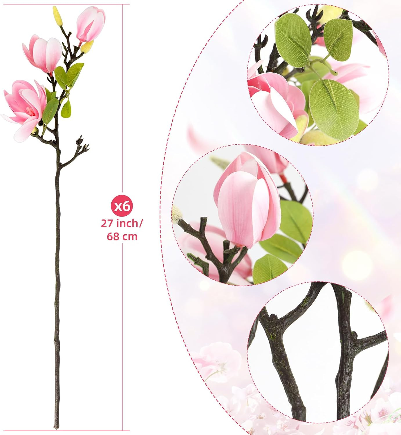 6 PCS 27″ Faux Magnolia Flowers – Realistic Light Pink Floral Decor for Home & E