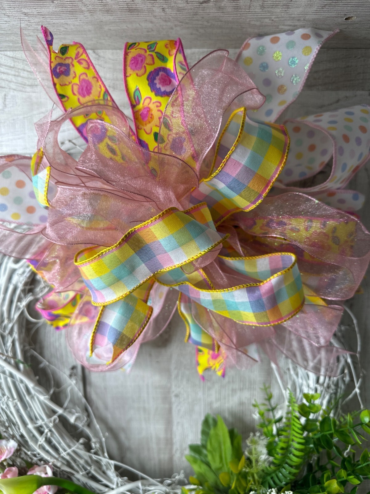 Handmade Floral Grapevine Rustic Wreath Pink Yellow Flowers Ferns w/ Ribbon Bow