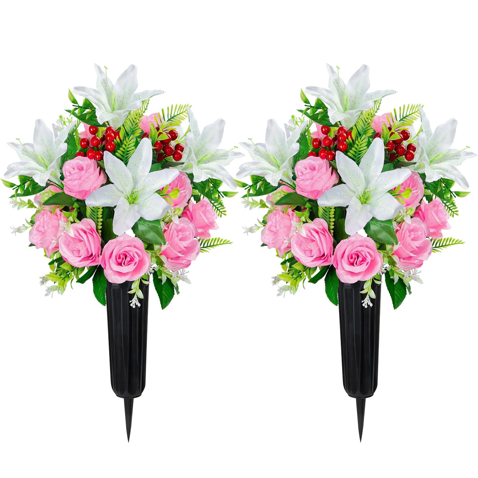 Artificial Cemetery Flowers with Vase, Set of 2 Rose Lily Bouquet Graveside D…