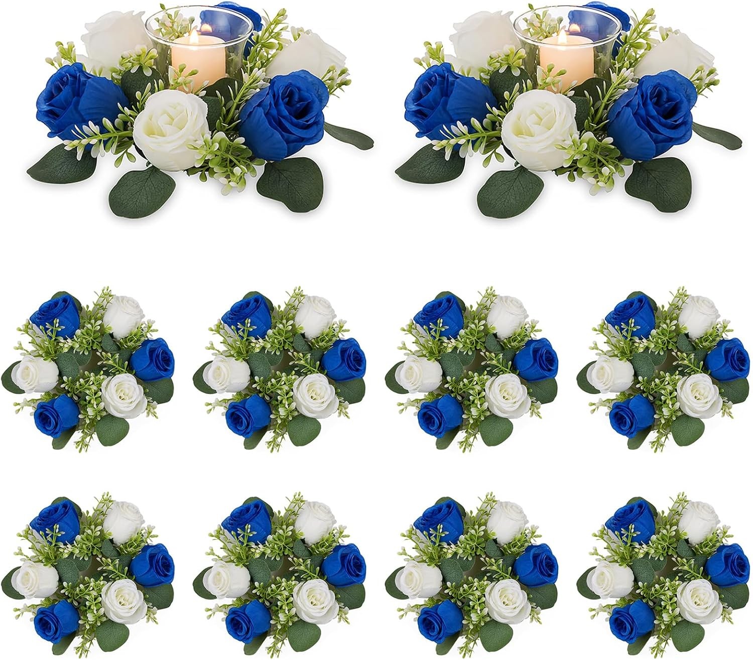 Small Wreath Table Centerpieces 9.05 Inch Royal Blue & White Flower Candle Rings