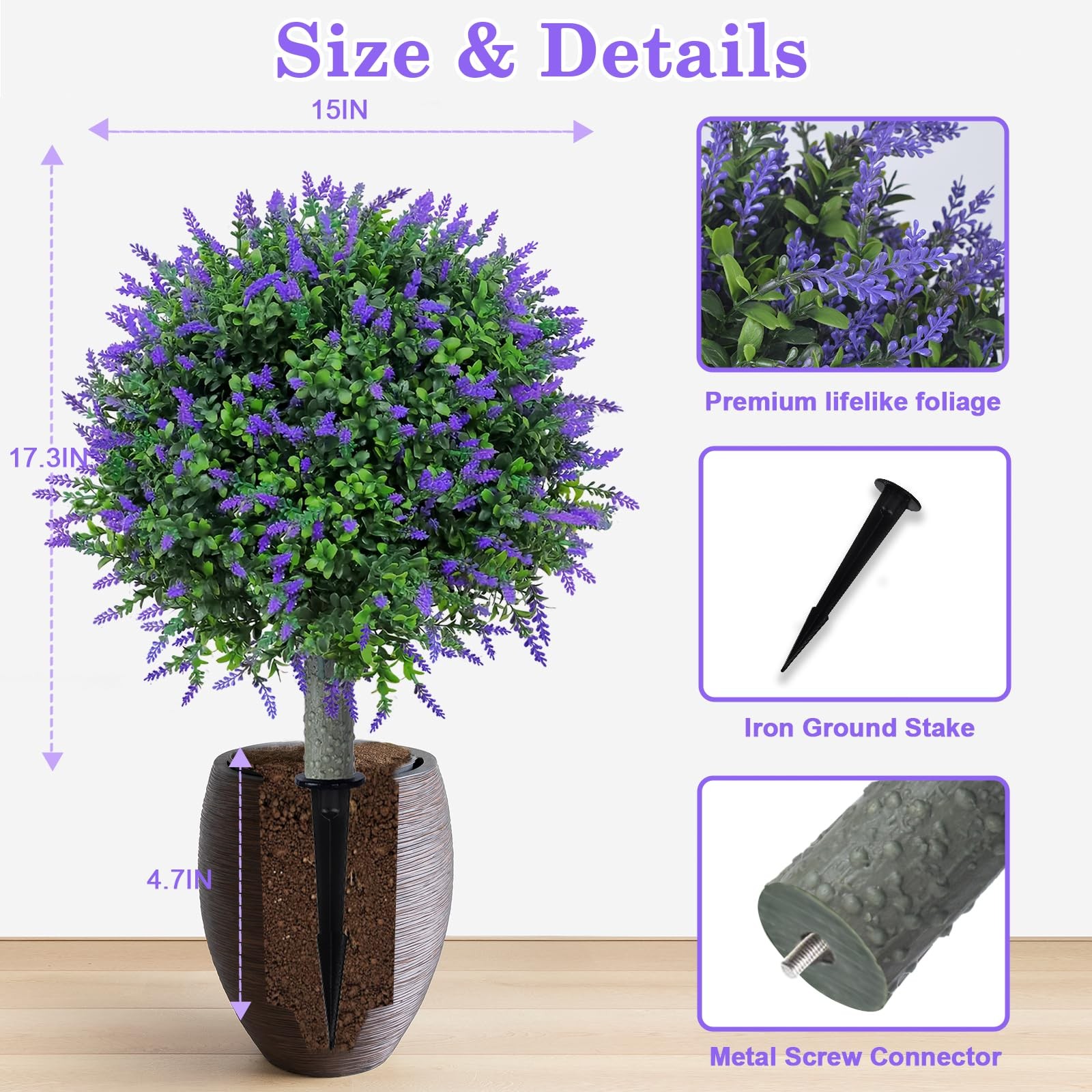 Artificial Lavender Topiary Ball (2 Pack) – 17″ UV Resistant Faux Plants for …