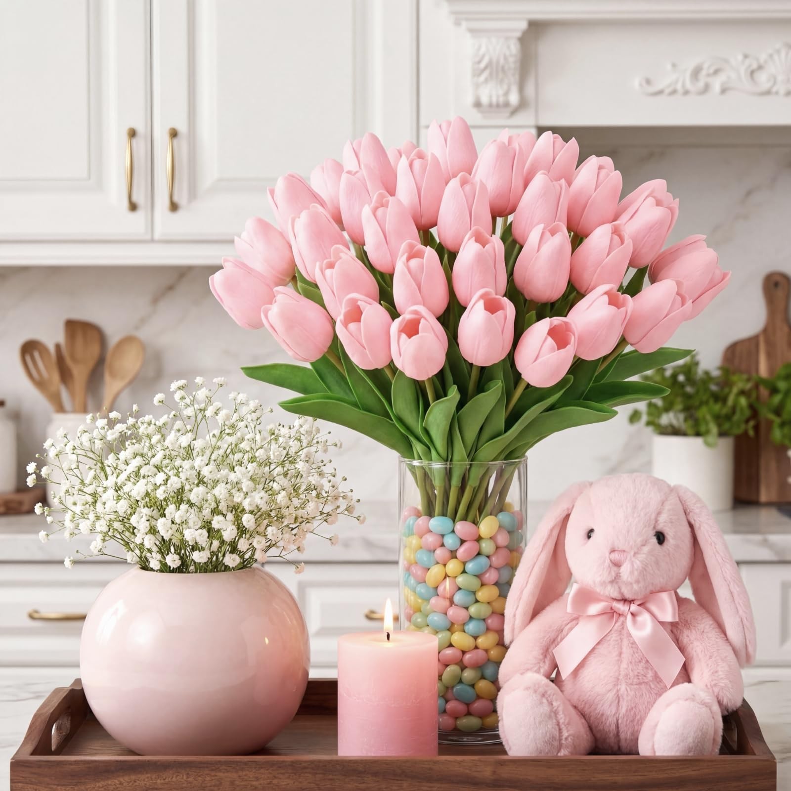 30 PCS Pink Artificial Tulip With Clear Vase Faux Bouquet Floral Centerpiece