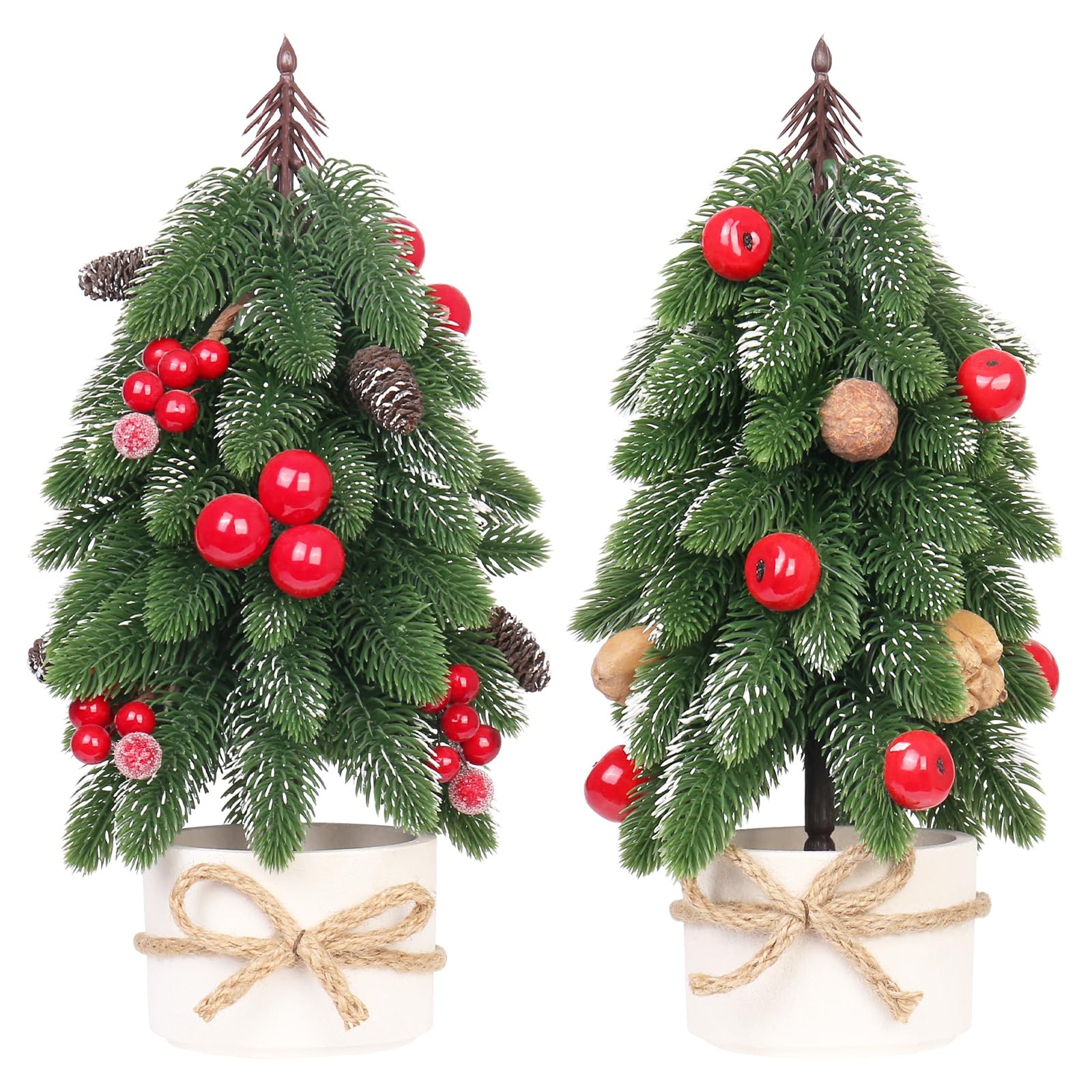 2 PCS Small Christmas Tree Artificial Red Berry Pinecone Mini Tabletop Decor