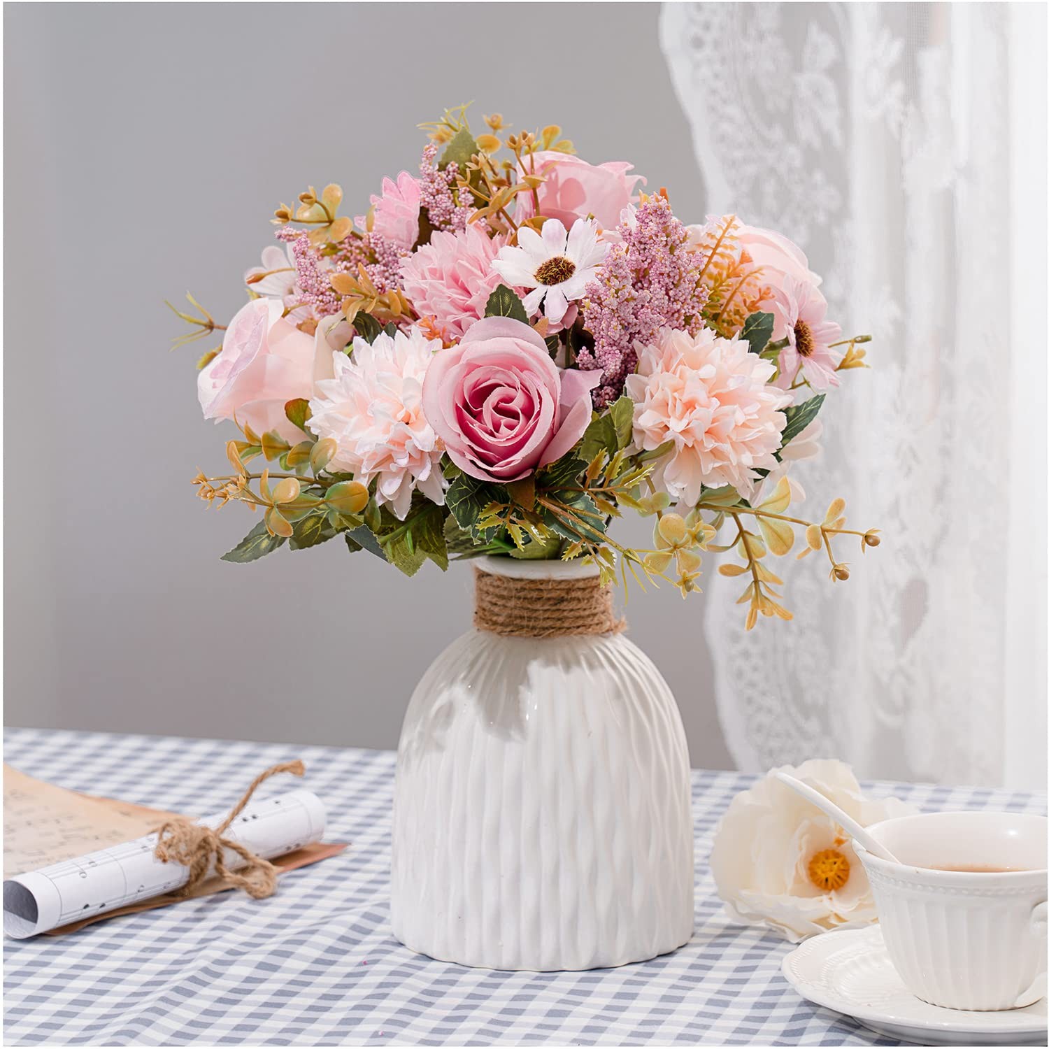Artificial Pink Fake Flowers In Vase Home Indoor Table Centerpiece Decor