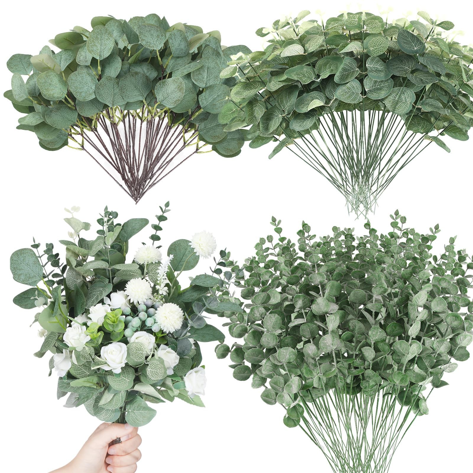 90 Pcs 3 Kinds Mixed Artificial Eucalyptus Leaves Stems Bulk Silver Dollar Le…