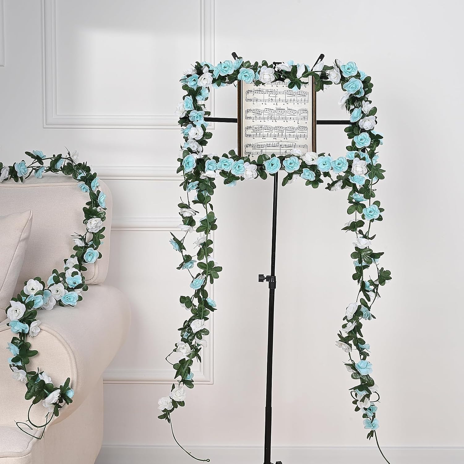 Flower Garland – 5 Strands 41Ft Rose Vines for Bedroom Decor, Blue and White Ros